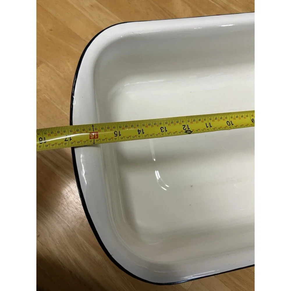 Vintage Enamelware Refrigerator Pan Tub Basin White Black Trim Farmhouse Rustic